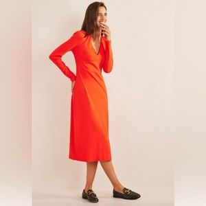 Women’s Boden Red Column Jersey Midi Tea Dress, V-Neck, Long Sleeve, Size US 12R